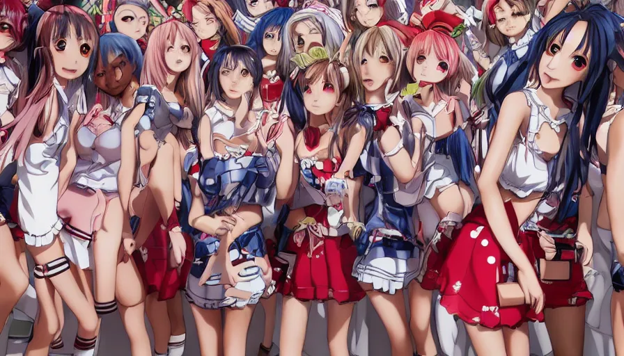 Prompt: waldo hiding amongst a group of cute anime girls in short miniskirts, lightly dressed, ultra detailed digital art, hyper real, detailed, closeup shot, ultra detailed