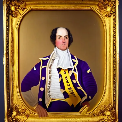 Image similar to official portrait of the los angeles lakers dictator, 1 7 8 0, in full lakers military garb. oil on canvas by william sidney mount, oil on canvas, octane render