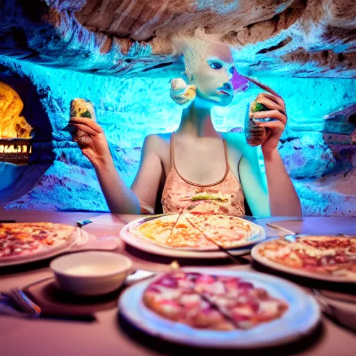 Prompt: cinematic photo of a beautiful albino praying mantis woman lit with saturated split colour blue and dusty pink lighting serving pizza in a grotto restaurant