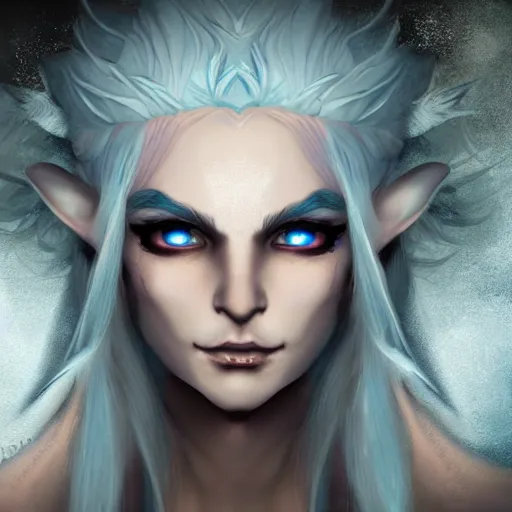 Prompt: the frightening archfey called'the prince of frost ', fantasy, white hair, blue skin, wild eyebrows, young adult, elf, crown, hard edges, soft lighting, professional lighting, trending on artstation