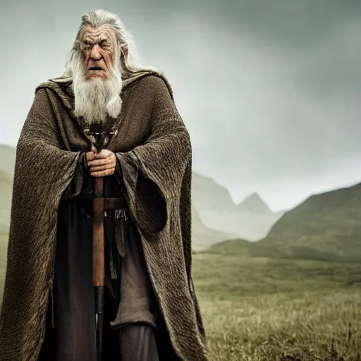 Image similar to distant landscape photo of the evil ian mckellen as gandalf in a dark viking hood playing odin all father from the thor movie crafting a neural network with synapses on am anvil, highly detailed, cinematic shot, cinematic lighting, 8 k, exquisit facial detail