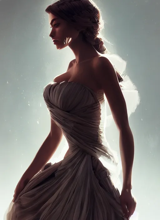 Image similar to beautiful fashion goddness, strapless dress, character portrait in the style of thomas river and artgerm, wlop, cinematic lighting, hyperdetailed, 8 k realistic, symmetrical, global illumination, radiant light, halo, love and mercy, frostbite 3 engine, cryengine, dof, trending on artstation, digital art, chanel