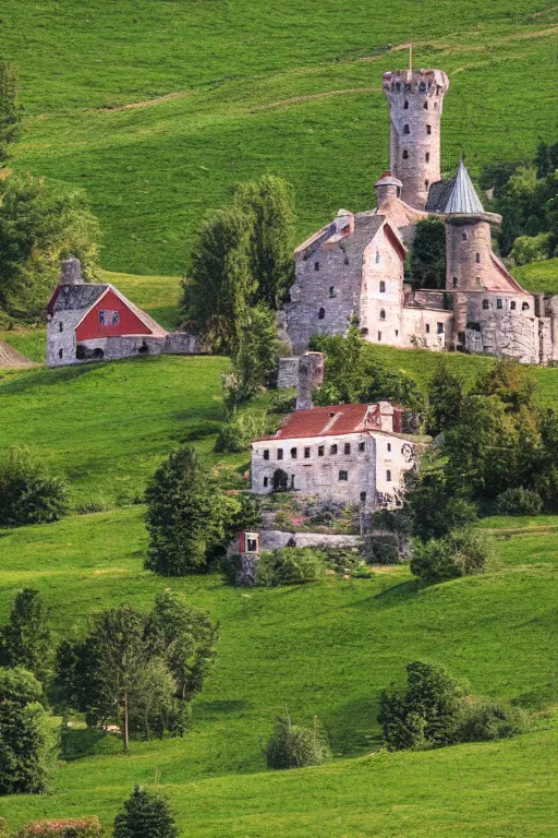 Prompt: superhero castle, farm, mountain, high definition,