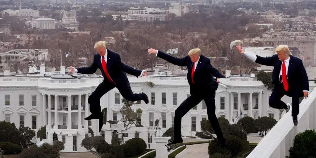 Prompt: a professional cinematic photo of 1 donald trump fighting 1 elon musk on top of white house. extremely high fidelity. key light.