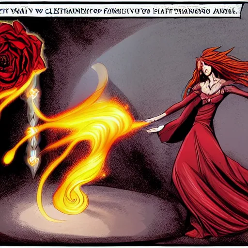 Image similar to The celestial warlock (a beautiful half elf with long red hair) clumsily knocks a single red rose from the top of a funerary urn, releasing an angry wraith from inside the urn. The urn is on the floor, the rose is falling. Dramatic digital art illustration in comic book style by Simon Bisley