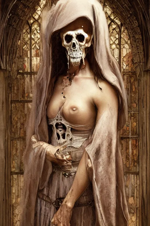 Prompt: breathtaking detailed soft painting of a grim reaper in gauze dress, with long hair and piercing eyes and bleeding meat flesh, in an intricate medieval stained glass, rembrandt style, elegant, highly detailed, artstation, concept art, matte, sharp focus, art by tom bagshaw, luis royo and greg rutkowski