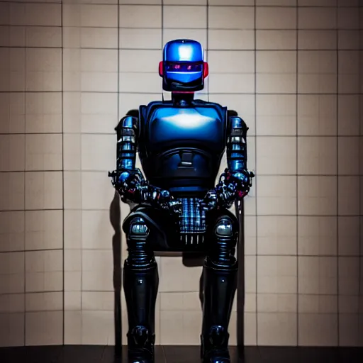 Prompt: Robocop sitting on the toilet, sigma 85mm f/1.4, 4k, depth of field, high resolution, 4k, 8k, hd, full color