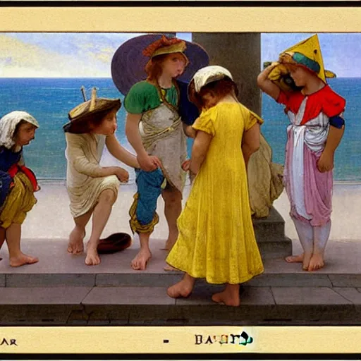 Prompt: Children with jester hats and clothes forming a circle on the front of a Balustrade with a beach and a sail boat on the background, major arcana cards, by paul delaroche, alphonse mucha and arnold böcklin arnold böcklin hyperrealistic 8k, very detailed