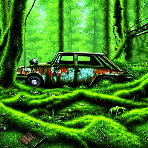 Prompt: a junk yard in the forest, overgrown with moss and ivy, detailed, realistic digital art,