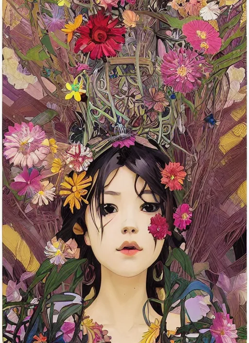 Image similar to !!! very coherent!!! oil painting, beautiful floralpunk iban bio mechanical portrait girl female illustration detailed patterns art of sarawak traditional dress, flower pop art, floral splash painting, art by ashley wood, alphonse mucha, makoto shinkai, geof darrow, dark shadow