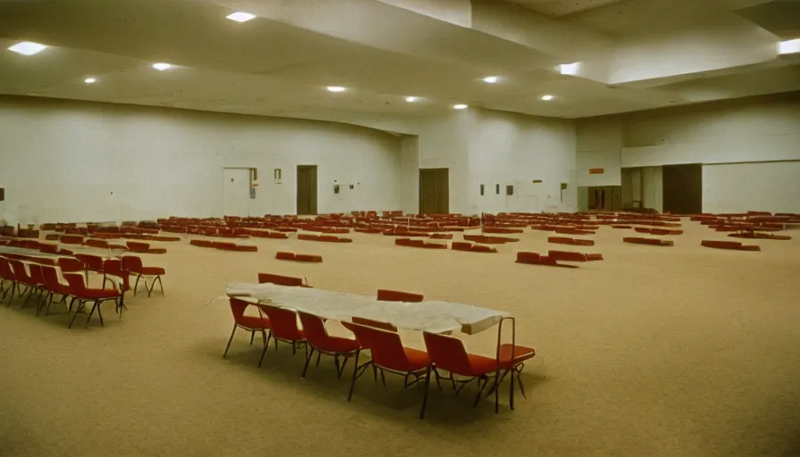 Prompt: 60s movie still of a sovietic stalinist style empty ballroom with beds, cinestill 800t 50mm eastmancolor, liminal Space style, heavy grain-s 150