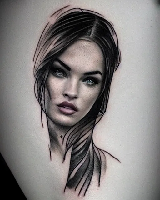 Image similar to tattoo design sketch with double exposure effect of megan fox with amazing mountain scenery, realism tattoo, in the style of den yakovlev, amazing detail, sharp