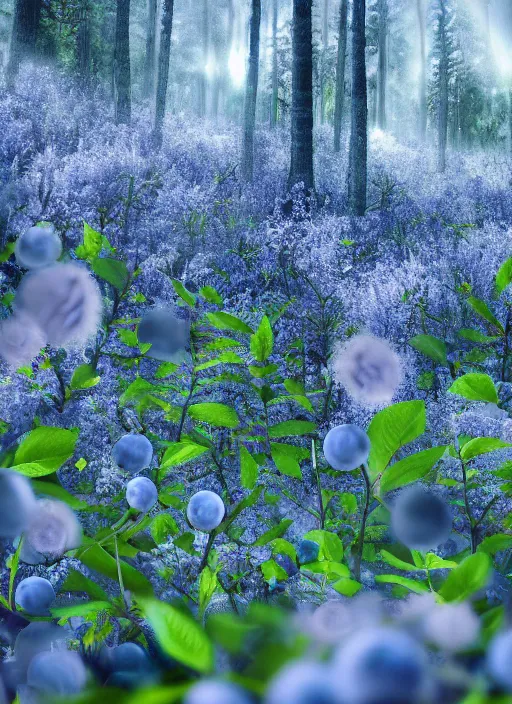 Prompt: deep in the blueberry forest, hazy summer day, detailed digital art, dreamy, 8k, octane render, depth of field