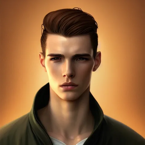 Image similar to man in his twenties with brown blond short quiff hair and thin slightly round facial structure with cleft chin, bumpy nose, good definition of cheekbones, Alert brown eyes, narrow face, slim body, atmospheric lighting, painted, intricate, 4k, highly detailed by Charlie Bowater