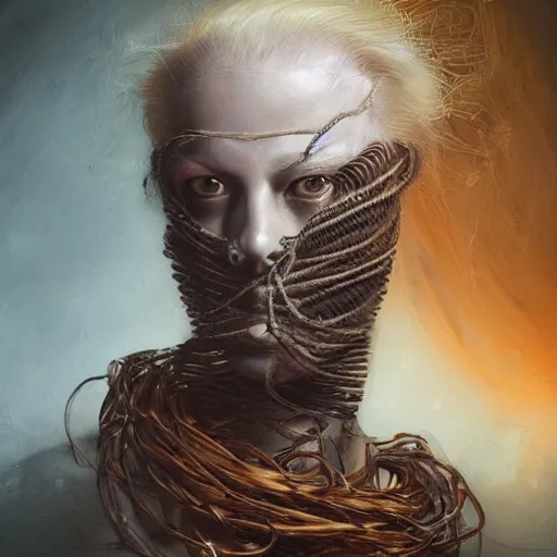 Image similar to portrait of a Shibari rope wrapped face and neck, headshot, insanely nice professional hair style, dramatic hair color, digital painting, of a old 17th century, old cyborg merchant, amber jewels, baroque, ornate clothing, scifi, realistic, hyperdetailed, chiaroscuro, concept art, art by Franz Hals and Jon Foster and Ayami Kojima and Amano and Karol Bak,