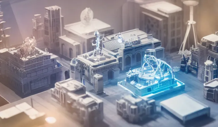 Image similar to group of people in simple white museum, looking at hologram of futuristic city on a table, cinematic concept art, godrays, golden hour, natural sunlight, 4 k, clear details, tabletop model buildings, center model buildings, hologram center, crane shot, crane shot, crane shot