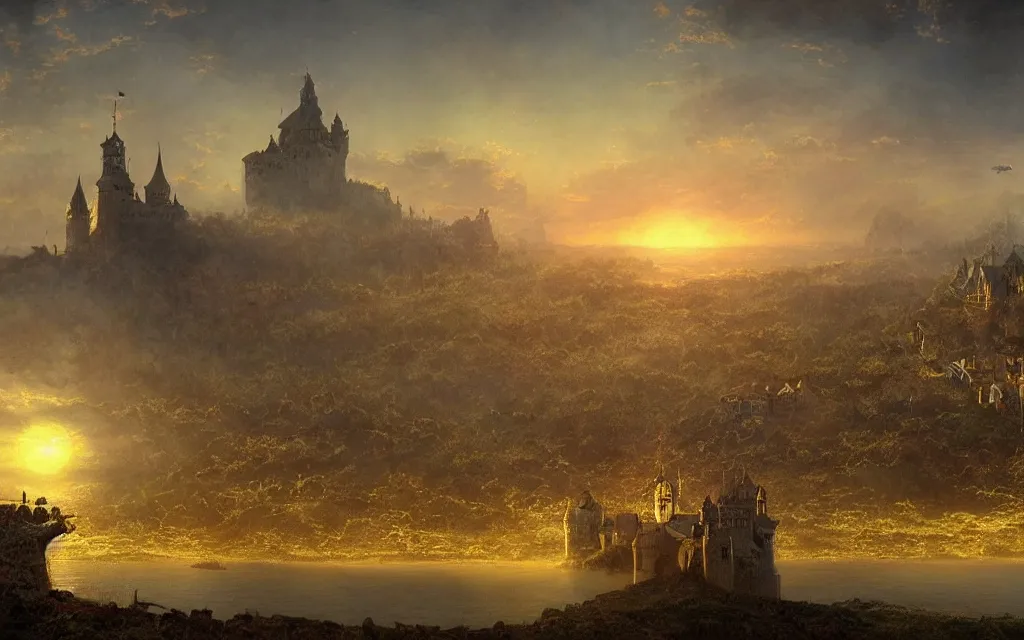 Prompt: large grand medieval castle at dawn, on a hill, small town surrounding, steampunk, ocean in the distance, cinematic lighting, intricate ink illustration, by albert bierstadt, artstation trending