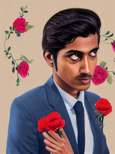 Image similar to artwork by Wes Anderson, Wes Anderson and Wes Anderson, of a solo individual portrait of an Indian guy with roses, dapper, simple illustration, domestic, nostalgic, full of details, by Wes Anderson and Wes Anderson, wes anderson, wes anderson, wes anderson, wes anderson, wes anderson, Matte painting, trending on artstation and unreal engine