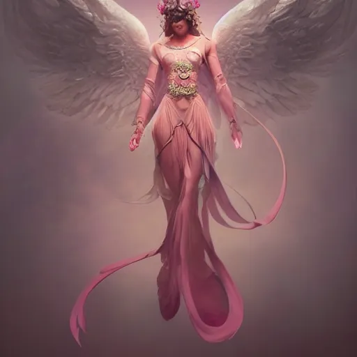 Image similar to expressive full body photo, of beautiful angel, smooth glowing skin, ornate headpiece made from pink flowers, glamour shot, by yoshitaka amano, by greg rutkowski, by jeremyg lipkinng, by artgerm, digital art, octane render