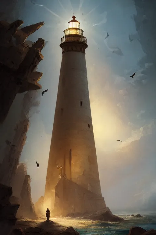 Prompt: Detailed Exterior Shot of The Lighthouse of Alexandria, light of god, light shafts, flock of birds, stunning atmosphere, in Style of Peter Mohrbacher, cinematic lighting