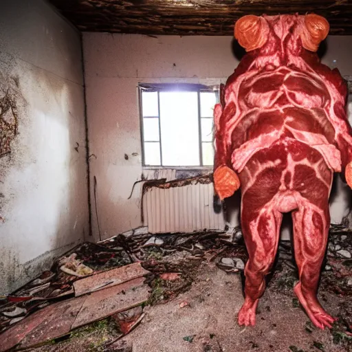 Image similar to flash photography of a male meat creature inside a abandoned house,