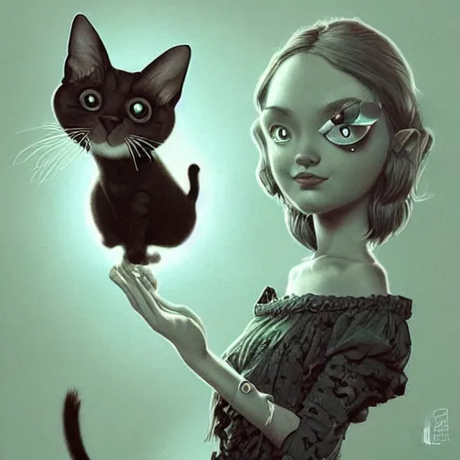 Image similar to Lofi portrait with a cat, Pixar style by Joe Fenton and Stanley Artgerm and Tom Bagshaw and Tim Burton