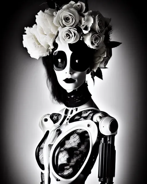 Prompt: dreamy surreal poetic black and white photo of a beautiful young bio-mechanical-female-cyborg-robot with a very long neck and a super big gothic lace collar and a very high big floral crown with many black dry roses by Vivienne Westwood:: smoke, high fashion, haute couture, rococo, avant-garde, elegant, dreamy, hyper realistic, 150 mm lens, soft rim light, octane render, unreal engine, picture was taken in 1910 by Dora Maar, volumetric lighting, dramatic light,8k,