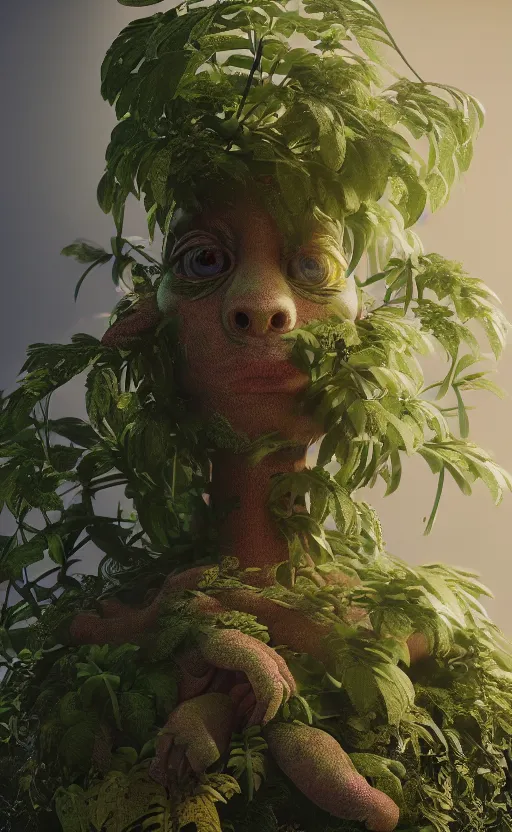 Image similar to a plant creature, foliage, plant filaments, flowers, humanoid shape, full body, photorealistic, 4 k, octane render, cinematic lighting, artistic photography, insanely detailed and intricate