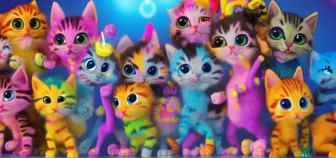 Image similar to disco dance party for adorable and cool kittens, highly detailed, Pixar, anamorphic lens