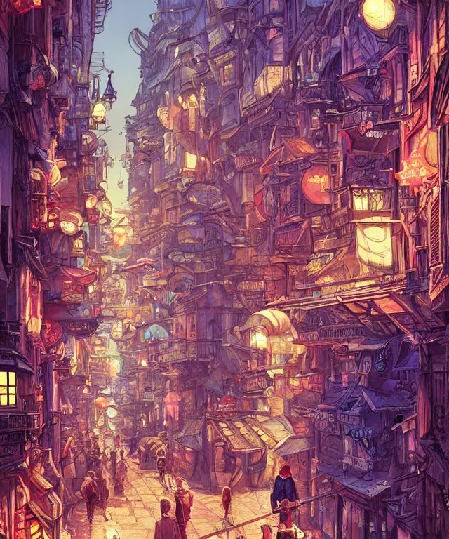 Prompt: insane perspective of colorful street vue from steampunk paris and tokyo, intricate details, realistic shaded ,, highly detailed, artstation, painting by François Schuiten and moebius, disney fantasy style, people and creatures walking, volumetric light, neon lights, cinematic mood