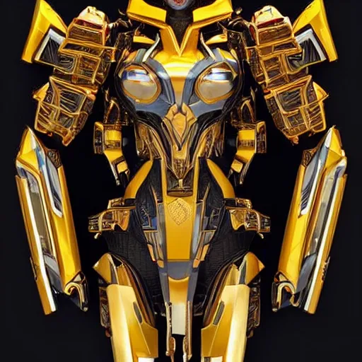 Prompt: symmetry!! a female transformer with golden paint, glowing eyes!! very symmetrical face, highly detailed, by vitaly bulgarov, by steven zavala, by matt tkocz, by shane baxley, transformers cinematic universe, pinterest, deviantart artstation _ h 7 5 0