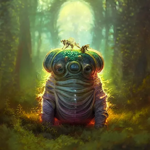 Image similar to ultra realistic illustration of magical tardigrade, forest, fantasy, colorful lights, intricate, elegant, highly detailed, digital painting, artstation, concept art, smooth, sharp focus, illustration, art by artgerm and greg rutkowski and alphonse mucha