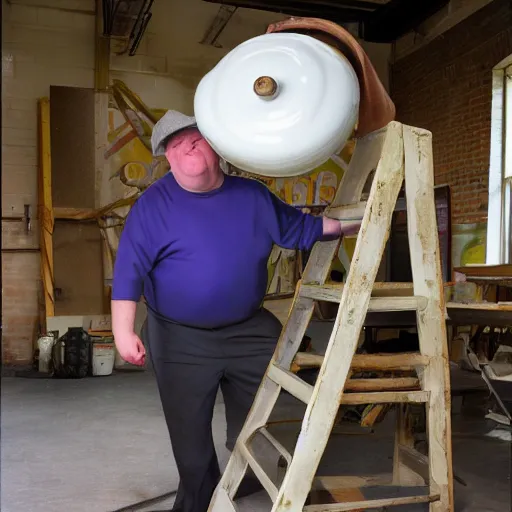 Prompt: johnny vegas making a very large teapot, sitting on a ladder, art school, studio, photorealistic