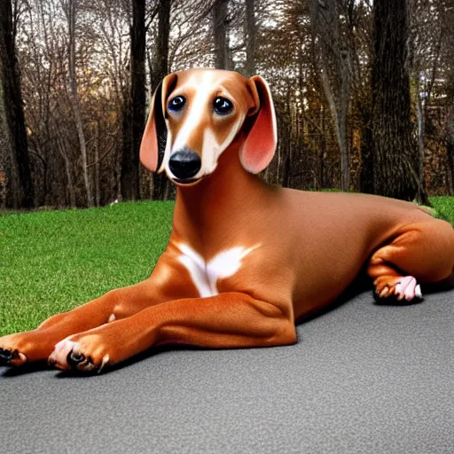 Image similar to realistic photo of a 1000 foot long dachshund dog