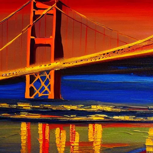 Image similar to a painting of the golden gate bridge in san francisco, a fine art painting by elaine duillo, featured on dribble, american scene painting, nightscape, impressionism, acrylic art,