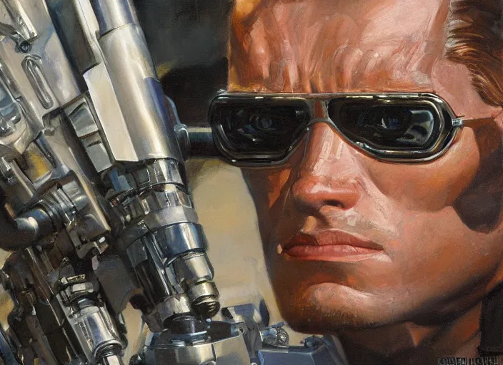 Image similar to a highly detailed beautiful portrait of the terminator t 1 0 0 by gregory manchess, james gurney, james jean