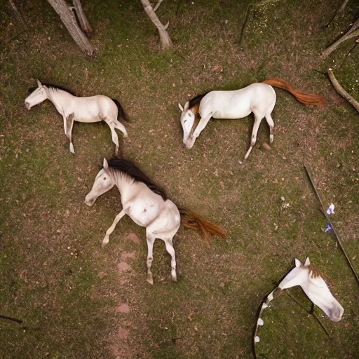 Prompt: two dead horses with some arrows on their body, lying on the woods path, dense thickets on each side, photo, 8 k