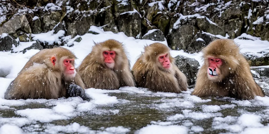 Image similar to nature photography of the snowy mountain in Jigokudani Yaen Koen with snowflakes in the air, there are snow monkeys relaxing in the hot springs and grooming each other, the snow monkeys are caring, family, intelligent, smart, inquisitive, adorable, attentive and handsome, the image emotes feelings of serene calm energy, award winning 4K HDR photography