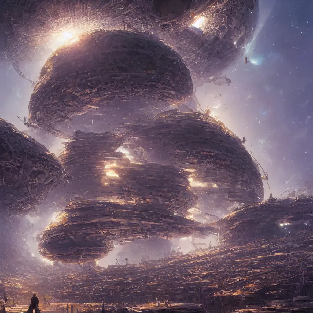 Image similar to extremely beautiful high detailed long portrait of dyson sphere program, by greg rutkowski, by rhads, by jesper ejsing, so many wires, sharp focus, man standing, colony, atom, crowd, city, cuber punk, ant colony