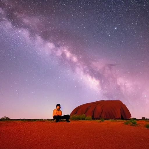 Image similar to man sitting at uluru, medicine drum, night sky, small fire, cosmic sky