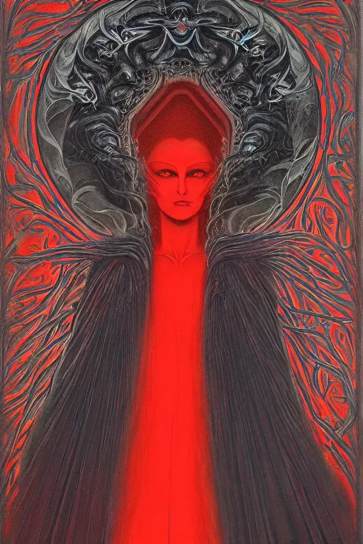 Image similar to mysterious occult woman, shrouded in black and red, hovering over the ground in front of a portal opening up into the depth of a new realm, epic surrealism 8k oil painting, high definition, post modernist layering, by Ernst Fuchs, John Howe