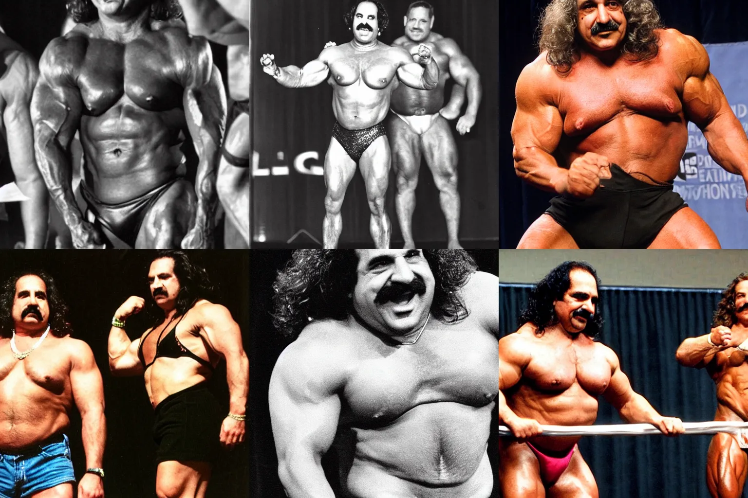 Prompt: Ron Jeremy competing at a body building contest