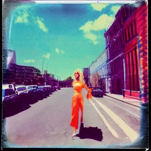 Image similar to colorful instant photograph of a woman in the middle of the street, polaroid, light leak, raw, nostalgic, daylight, blue sky, clouds