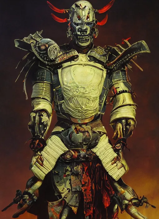 Prompt: portrait of a diabolical cyborg clown samurai armed armor, torn cape, dynamic pose, glowing eyes, ancient ruins, glowing veins subsurface scattering, in clouds, sunset, portrait, by gerald brom, by mikhail vrubel, by peter elson, muted colors, extreme detail, reflections, trending on artstation, 8 k