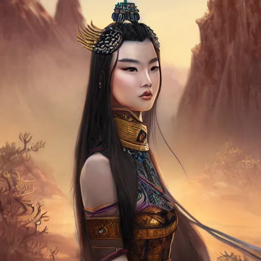 Image similar to ancient chinese dynasty princess, three kingdom, dynasty warriors, standing in an oasis in the desert, elegant, headshot, long black hair, digital painting, smooth, concept art, art by wlop