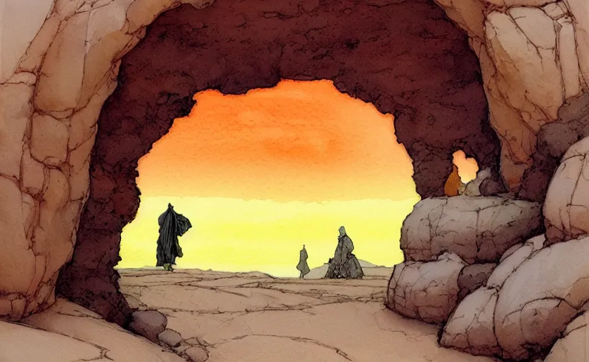 Prompt: a hyperrealist watercolour concept art of a desert day. through a large rock arch is a time portal to an orange sunset sky. a medieval monk in grey robes is walking through the rock arch. by rebecca guay, michael kaluta, charles vess and jean moebius giraud. high detail, hq, wide shot