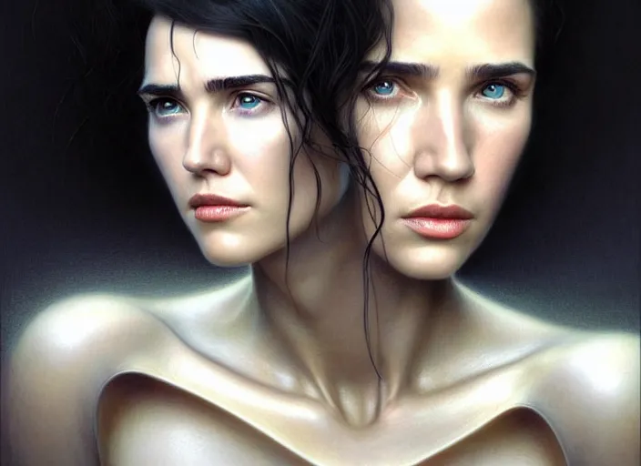 Image similar to portrait shot of young jennifer connelly in ghost in the shell, intricate, elegant, highly detailed, centered, digital painting, artstation, concept art, smooth, sharp focus, illustration, artgerm, tomasz alen kopera, peter mohrbacher, donato giancola, joseph christian leyendecker, wlop, boris vallejo