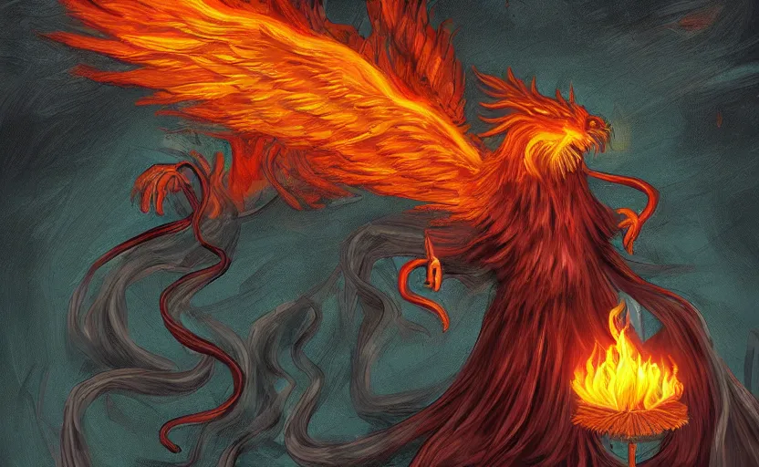 Prompt: wizard summoning the phoenix from hell, digital art style, illustration painting,