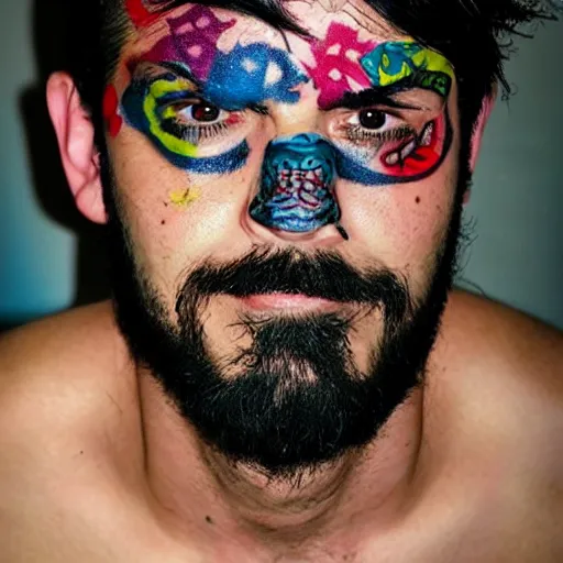 Image similar to a picture of an attractive man with colorful animal tattoos on his face