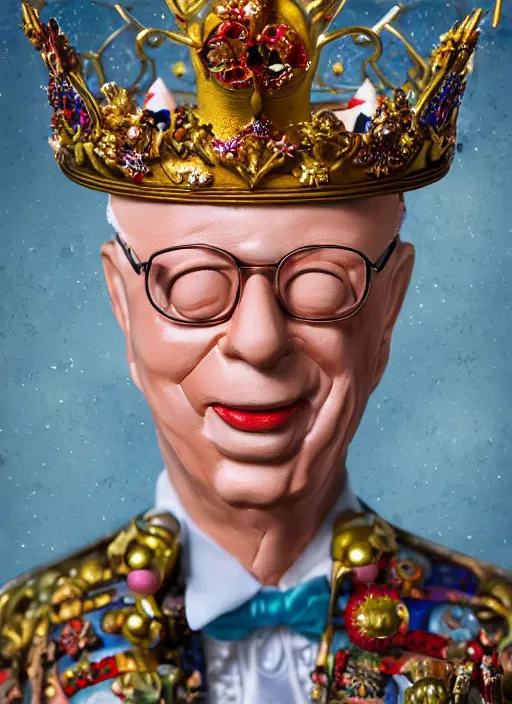 Image similar to closeup face profile portrait of tin toy klaus schwab as a fairytale prince wearing a crown eating cakes, depth of field, zeiss lens, detailed, symmetrical, centered, fashion photoshoot, by nicoletta ceccoli, mark ryden, lostfish, breathtaking, 8 k resolution, extremely detailed, beautiful, establishing shot, artistic, hyperrealistic, octane render